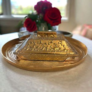 Weeping Gold Hand Decorated 22K Gold USA Square Trinket/Treasure/Candy Dish Lid